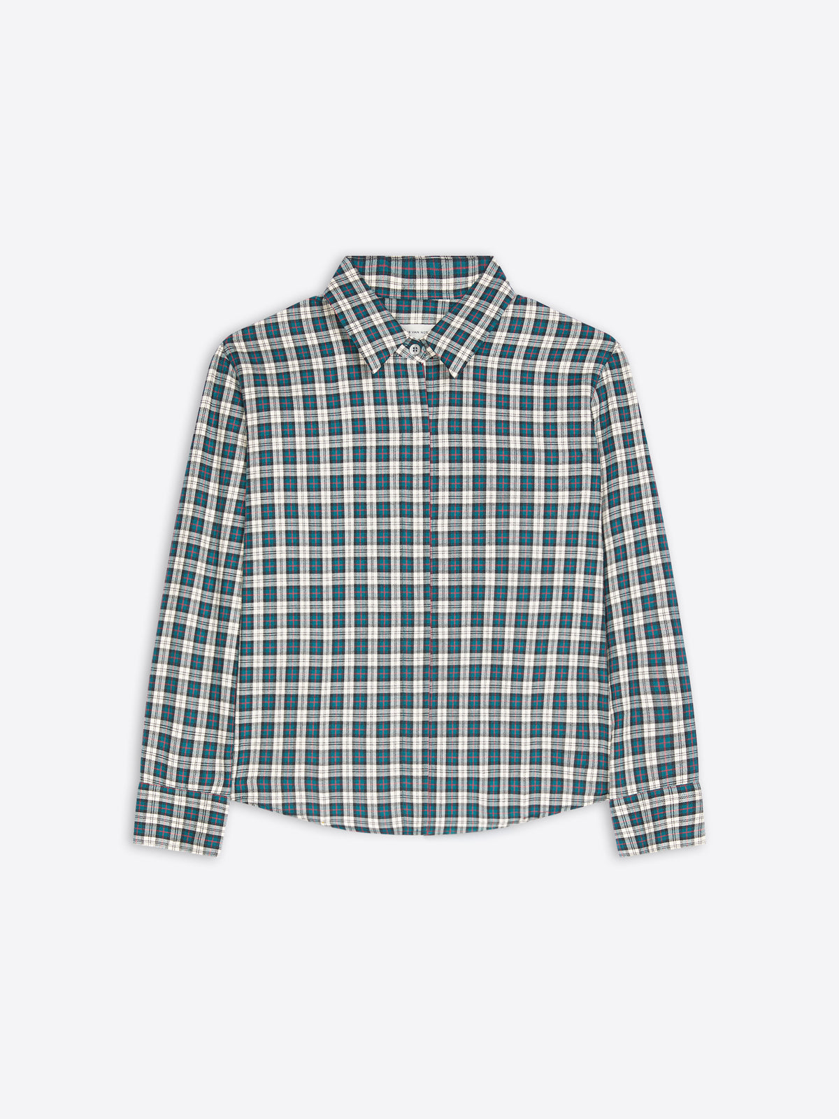 A green and white checkered button-down shirt on a light gray background 