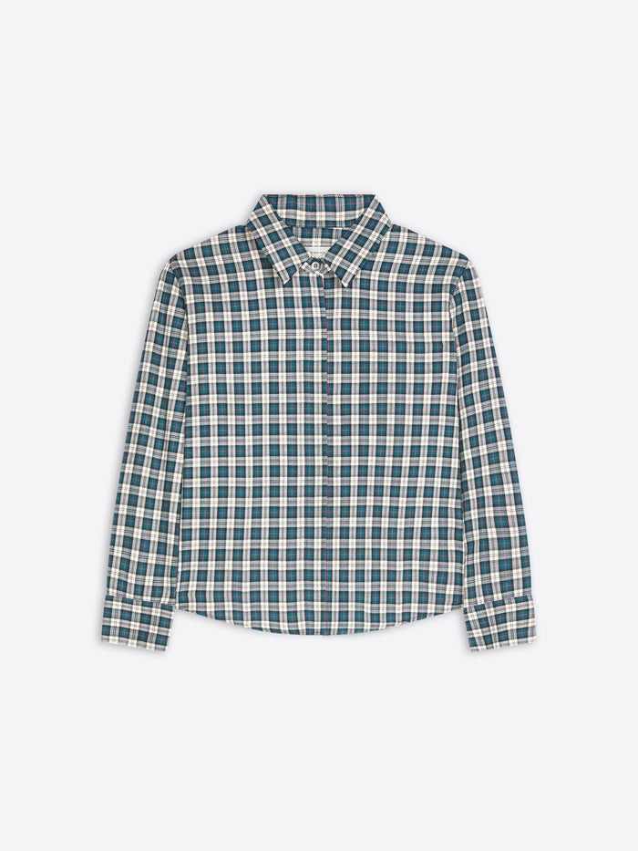 A green and white checkered button-down shirt on a light gray background 