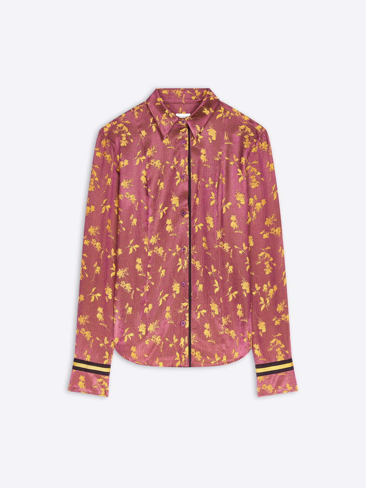 A long-sleeve button-up shirt in a dusty rose pink color with a yellow floral pattern, featuring yellow stripes on the cuffs.