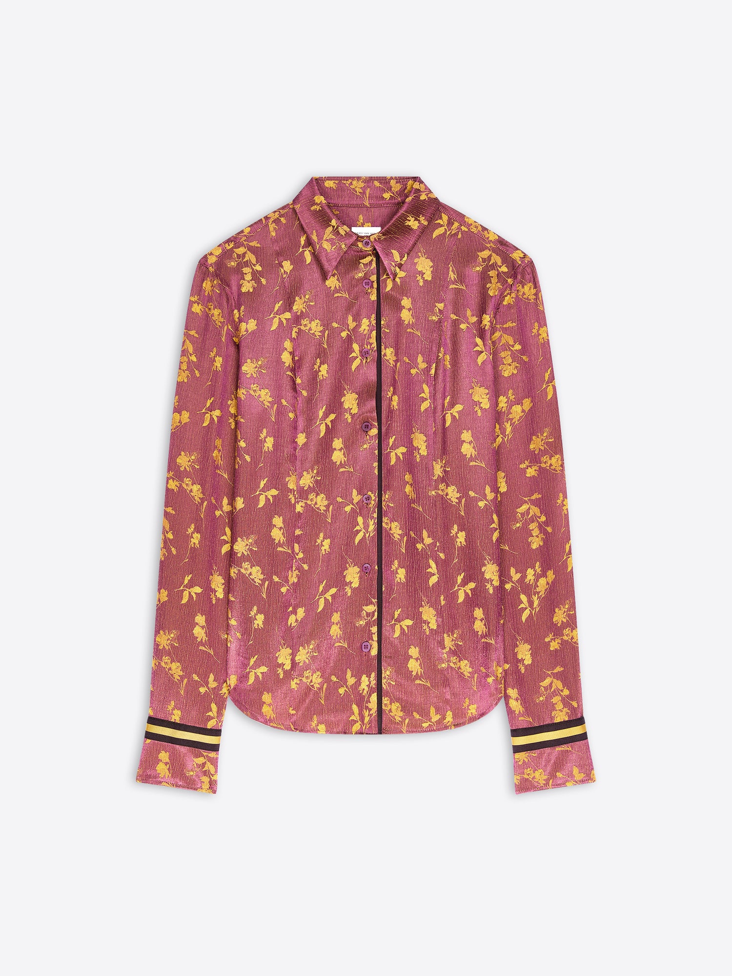 A long-sleeve button-up shirt in a dusty rose pink color with a yellow floral pattern, featuring yellow stripes on the cuffs.