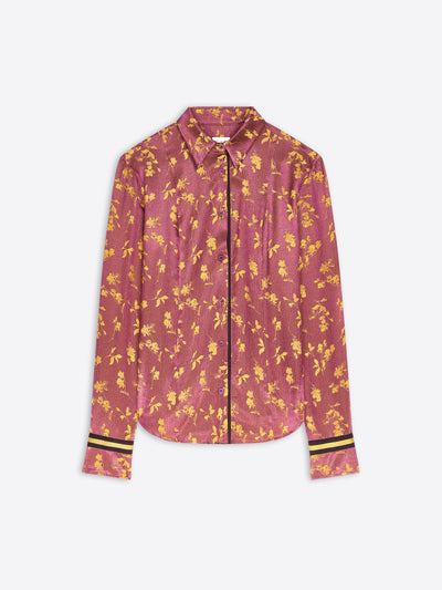 A long-sleeve button-up shirt in a dusty rose pink color with a yellow floral pattern, featuring yellow stripes on the cuffs.