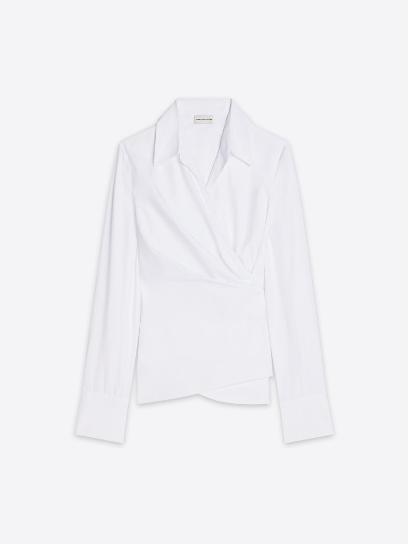 A white long-sleeve wrap shirt with a pointed collar and asymmetrical draped front, shown flat against a light gray background.