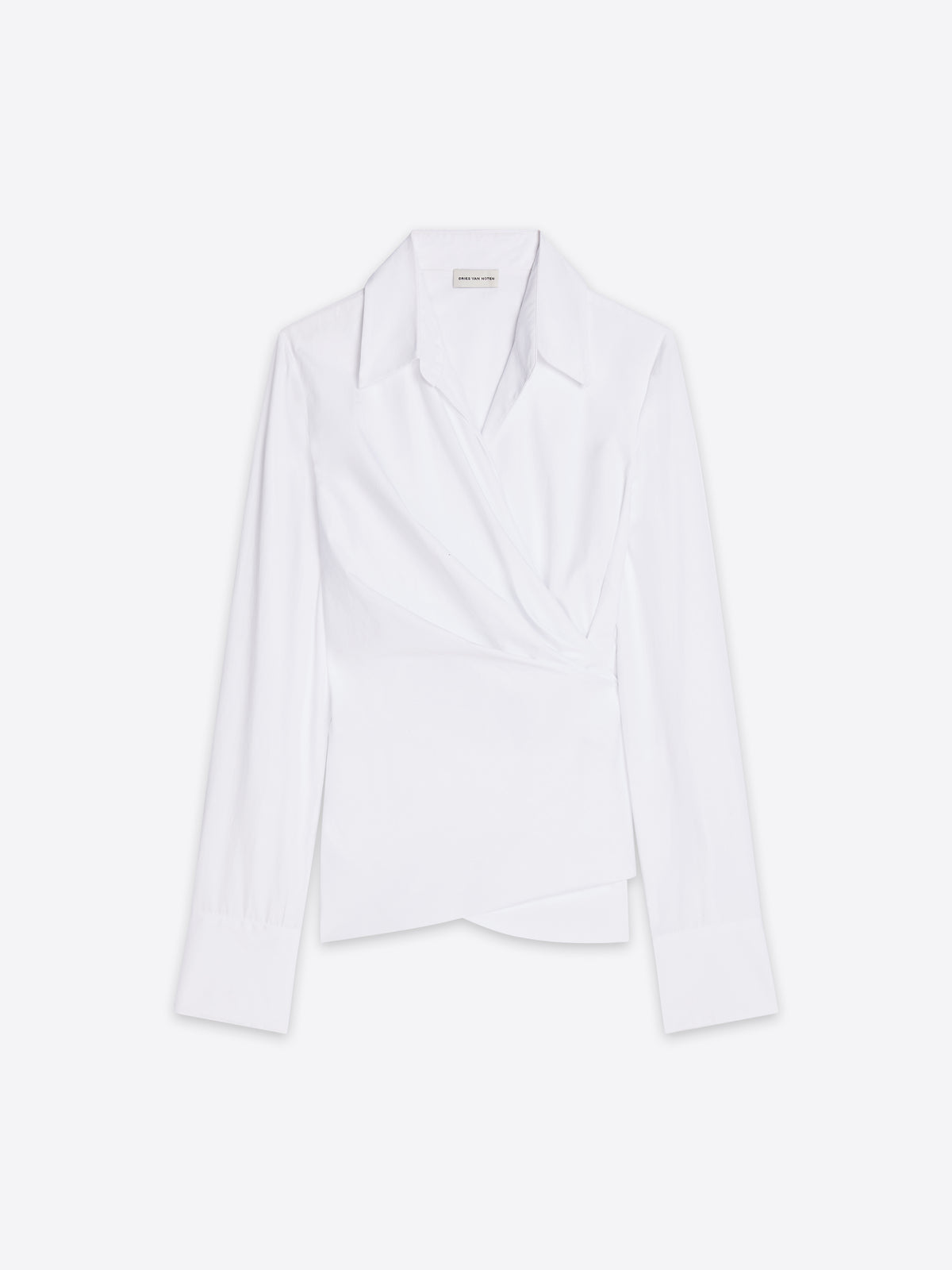 A white long-sleeve wrap shirt with a pointed collar and asymmetrical draped front, shown flat against a light gray background.