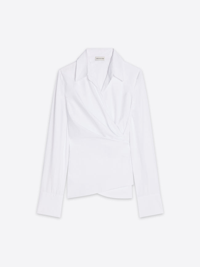 A white long-sleeve wrap shirt with a pointed collar and asymmetrical draped front, shown flat against a light gray background.