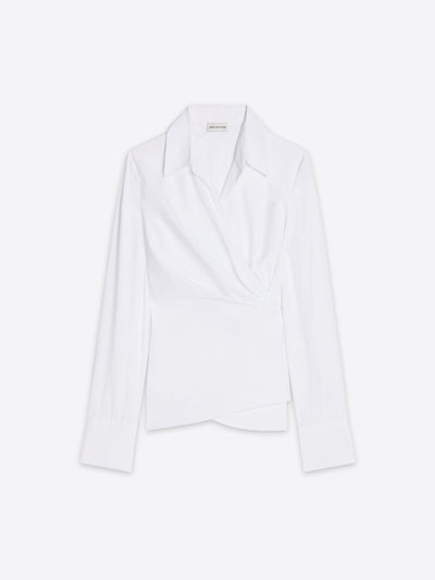 A white long-sleeve wrap shirt with a pointed collar and asymmetrical draped front, shown flat against a light gray background.