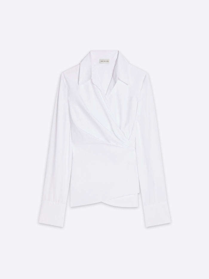 A white long-sleeve wrap shirt with a pointed collar and asymmetrical draped front, shown flat against a light gray background.
