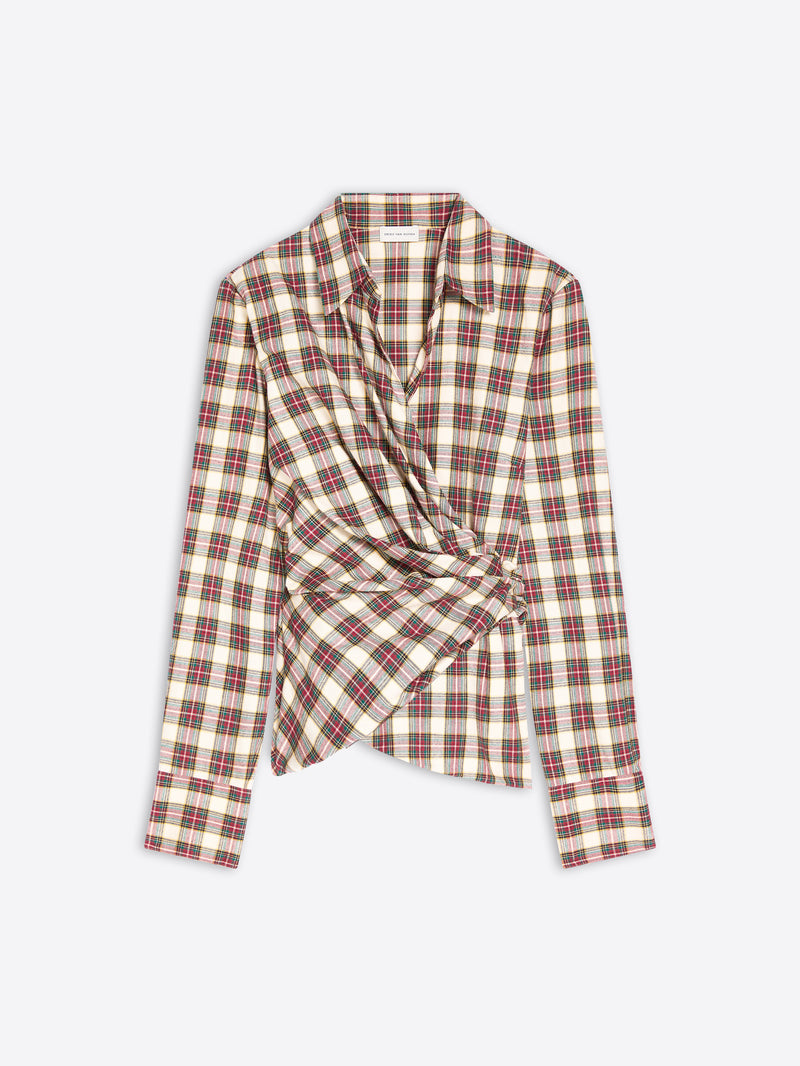 A long-sleeve plaid wrap shirt in beige, brown, and red tones, styled with a twisted front detail on a light gray background.