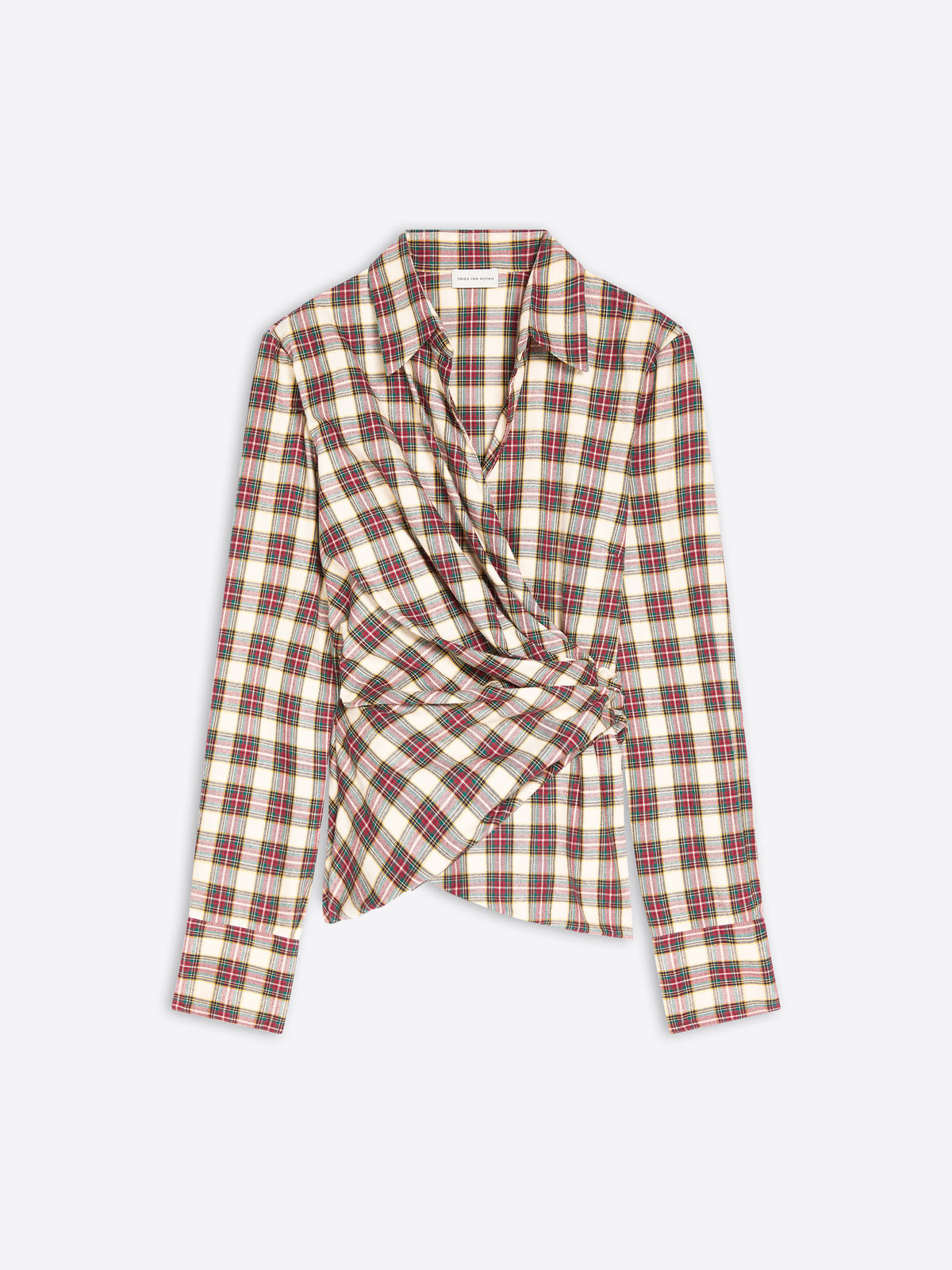 A long-sleeve plaid wrap shirt in beige, brown, and red tones, styled with a twisted front detail on a light gray background.