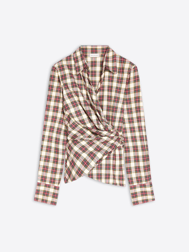 A long-sleeve plaid wrap shirt in beige, brown, and red tones, styled with a twisted front detail on a light gray background.