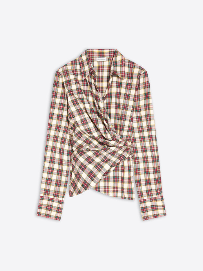 A long-sleeve plaid wrap shirt in beige, brown, and red tones, styled with a twisted front detail on a light gray background.