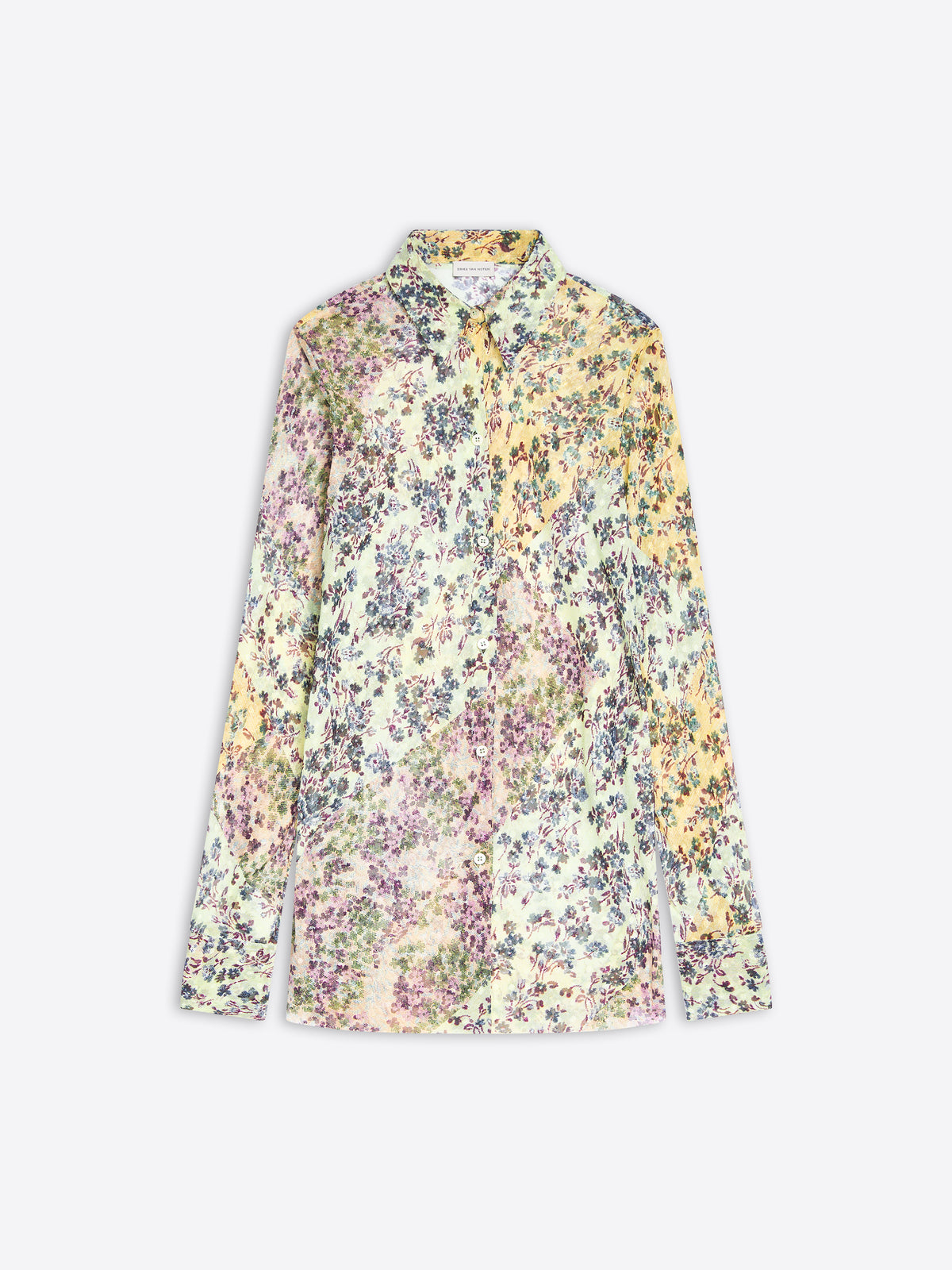 A long-sleeve button-up shirt with a dense, multicolor floral print on a pastel mint base, featuring yellow, purple, and blue flowers, displayed against a light gray background.