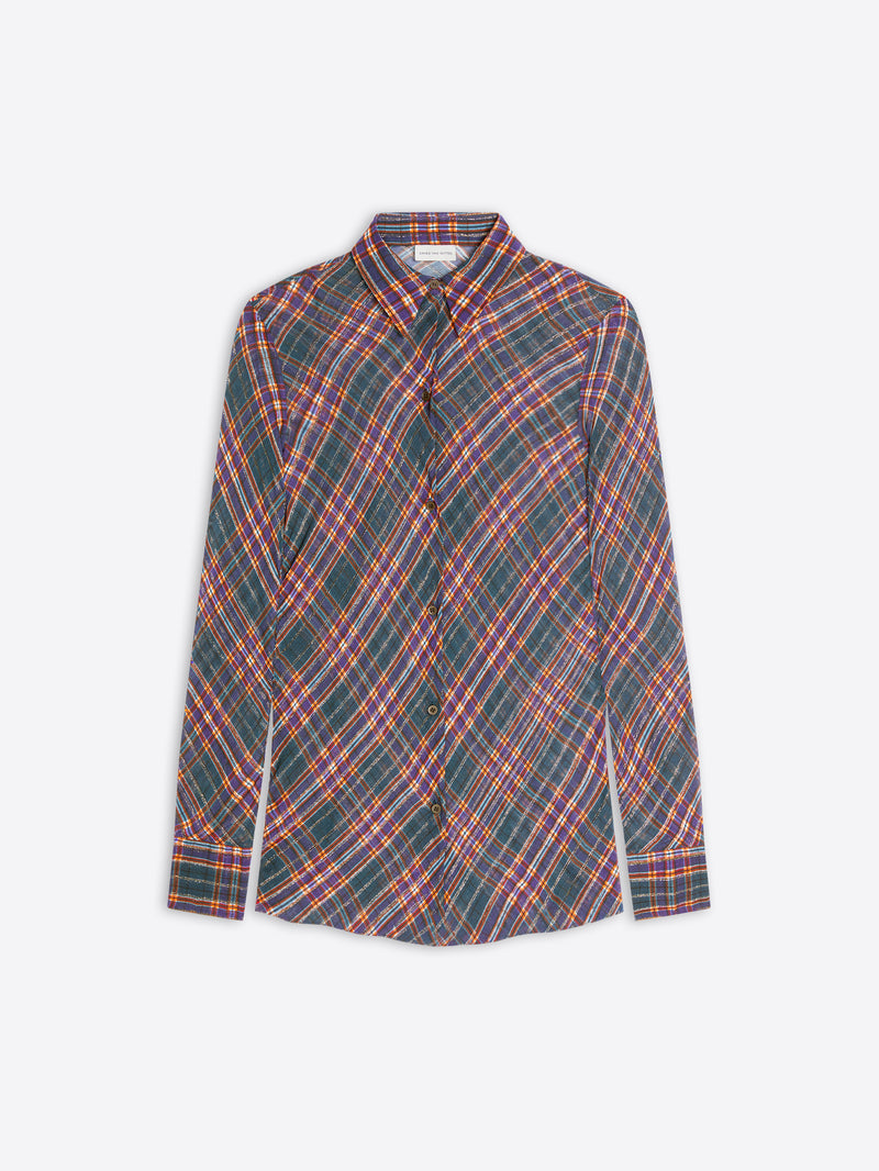 A long-sleeve button-up shirt with a multicolor plaid pattern featuring green, red, and yellow tones, displayed against a light gray background.