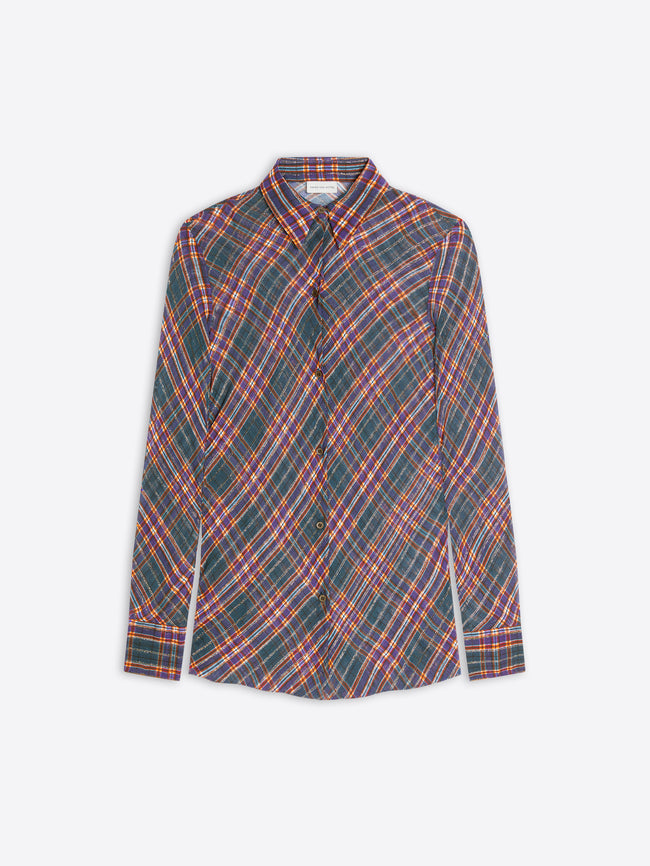 A long-sleeve button-up shirt with a multicolor plaid pattern featuring green, red, and yellow tones, displayed against a light gray background.