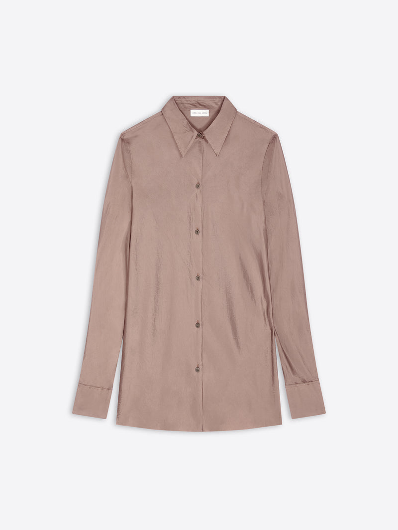 A long-sleeve button-up shirt in a muted dusty rose displayed flat against a light gray background.