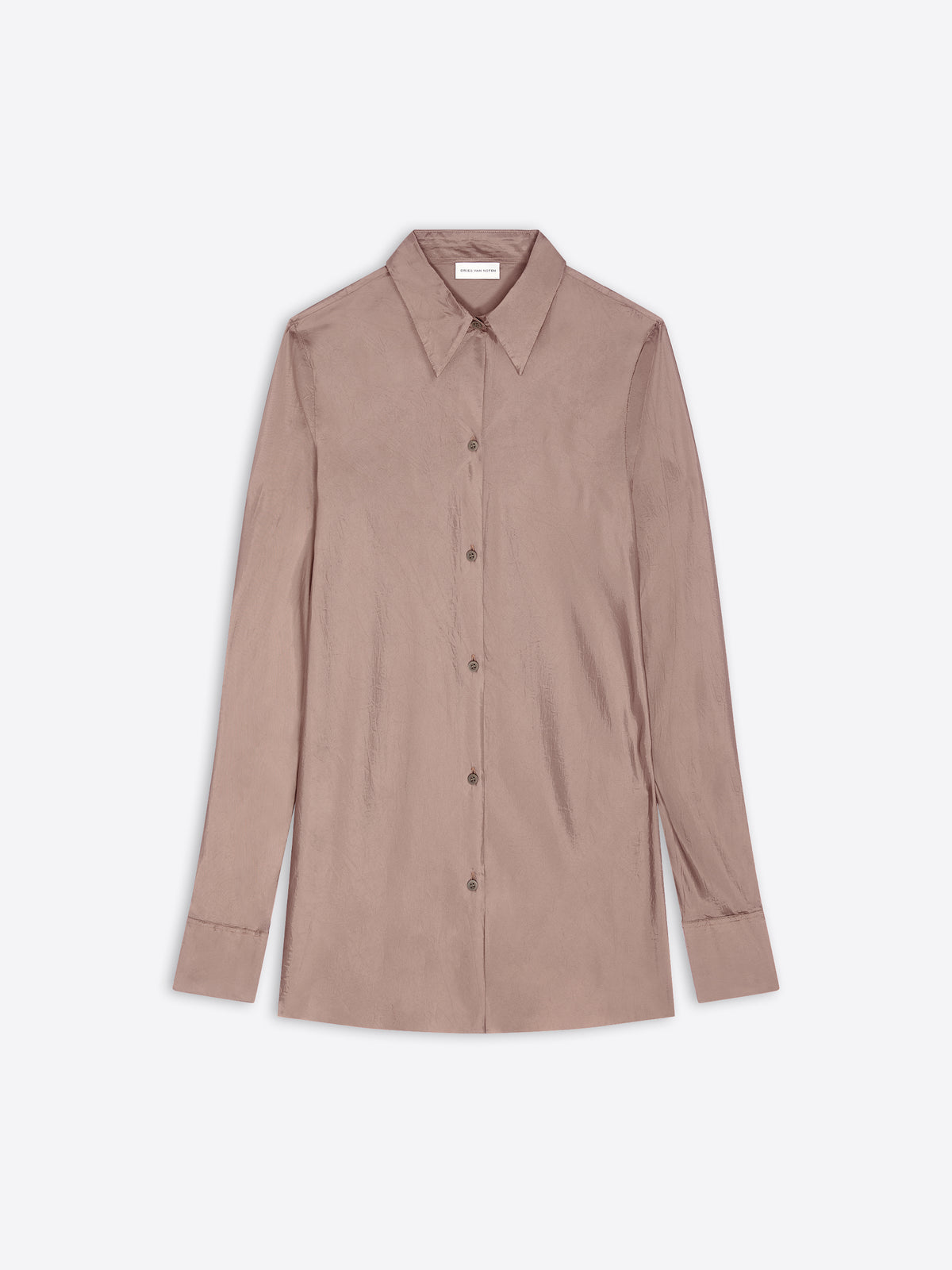 A long-sleeve button-up shirt in a muted dusty rose displayed flat against a light gray background.