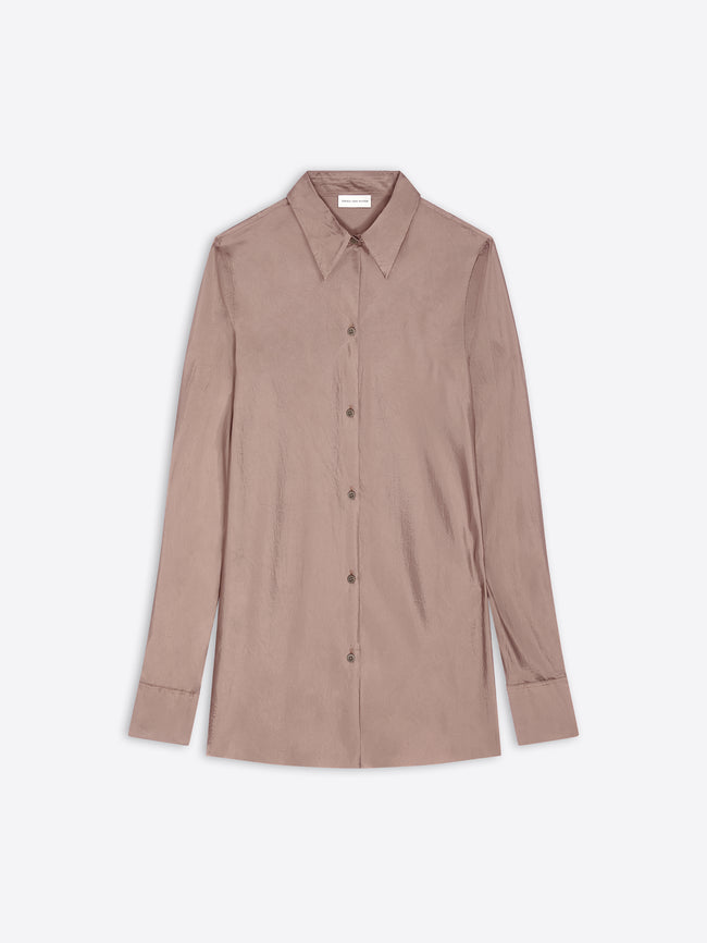 A long-sleeve button-up shirt in a muted dusty rose displayed flat against a light gray background.