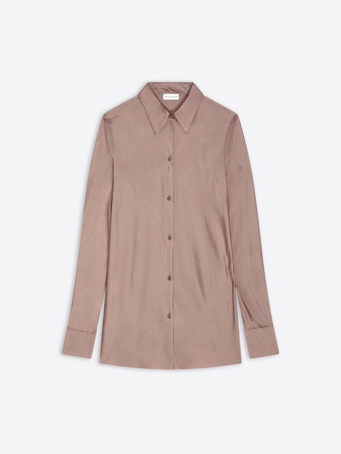 A long-sleeve button-up shirt in a muted dusty rose displayed flat against a light gray background.