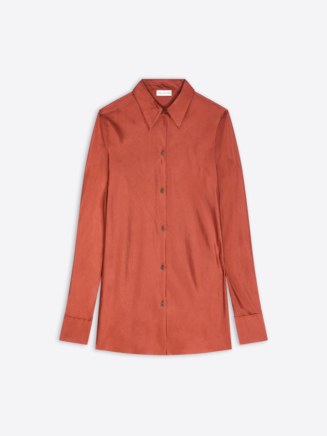 A long-sleeve button-up shirt in a muted terracotta, displayed flat against a light gray background.