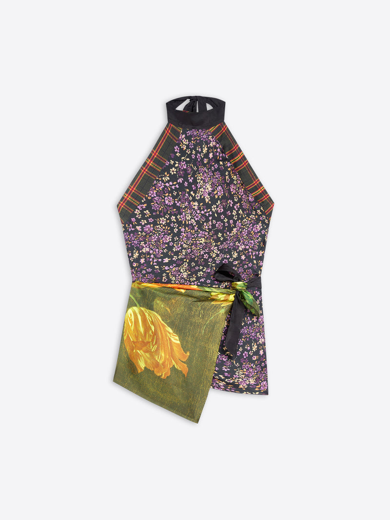 A halter-style top with a split design, featuring a purple and yellow floral print on the upper body and a green panel with a yellow tulip painting print on the lower body.