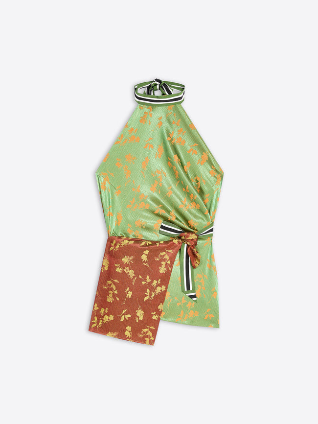 A halter-neck wrap top featuring a light green satin front panel with a gold floral print, a rust-orange satin back panel with a matching gold floral print, and a striped tie belt.