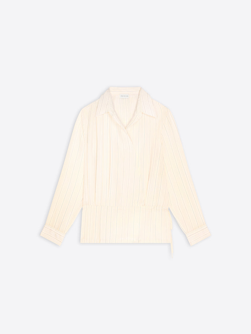 A cream-colored long-sleeve wrap shirt with vertical pleats, shown flat against a light gray background.