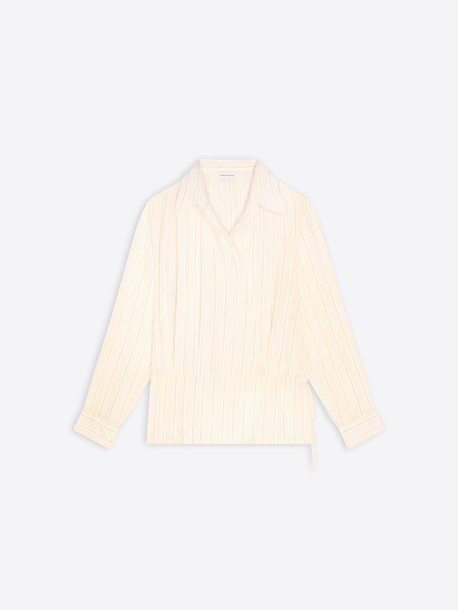 A cream-colored long-sleeve wrap shirt with vertical pleats, shown flat against a light gray background.