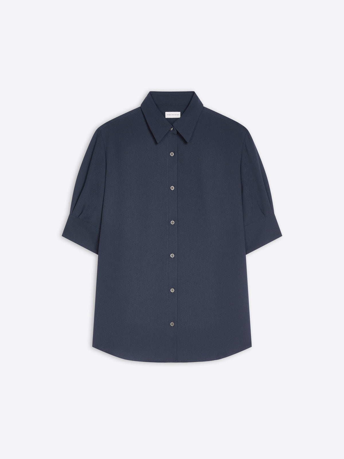 A dark navy blue short-sleeve button-up shirt with a pointed collar, displayed flat against a light gray background.