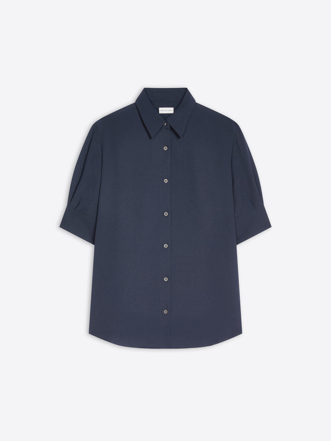 A dark navy blue short-sleeve button-up shirt with a pointed collar, displayed flat against a light gray background.