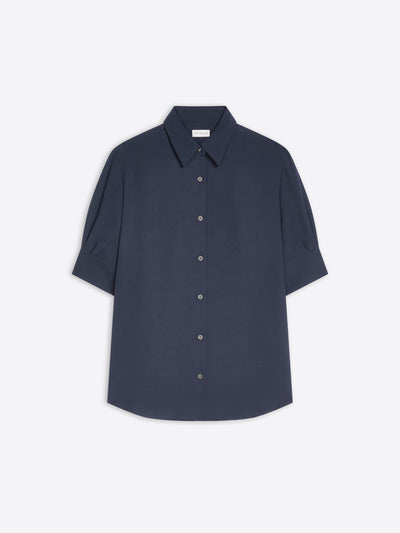 A dark navy blue short-sleeve button-up shirt with a pointed collar, displayed flat against a light gray background.