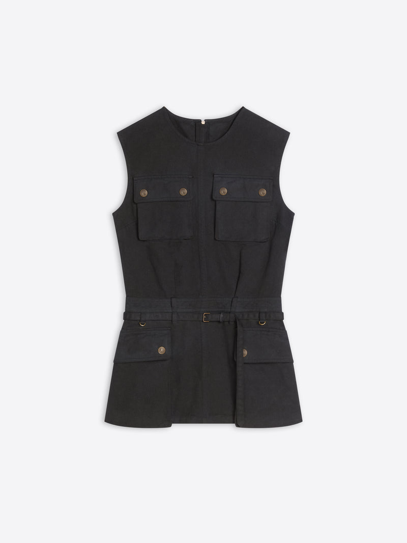 A black sleeveless utility-style top with a self-tie belt, featuring four front flap pockets with brass-tone buttons, displayed on a light gray background.
