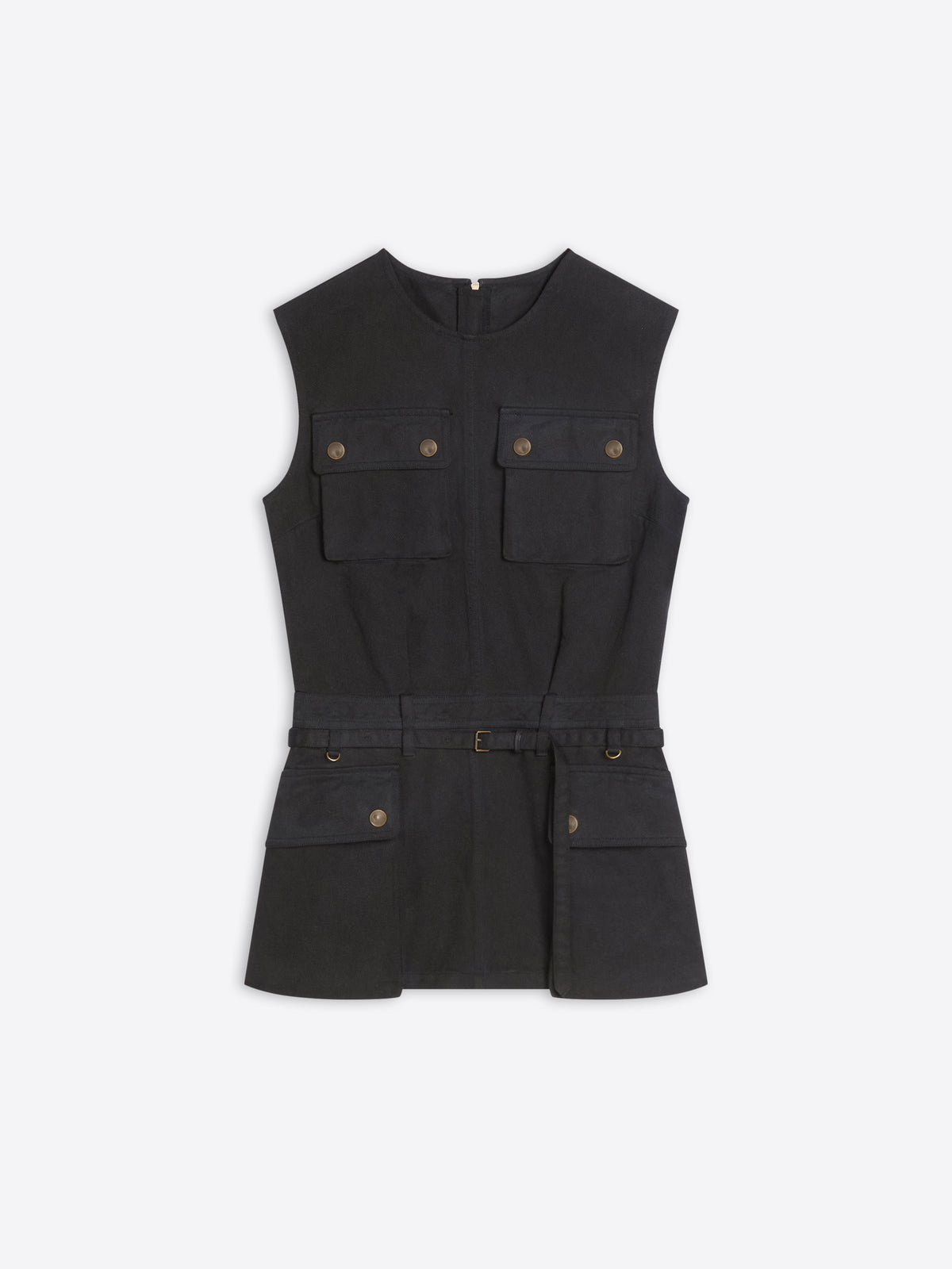 A black sleeveless utility-style top with a self-tie belt, featuring four front flap pockets with brass-tone buttons, displayed on a light gray background.