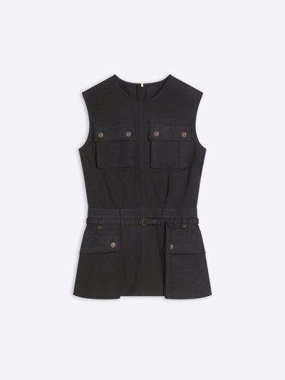 A black sleeveless utility-style top with a self-tie belt, featuring four front flap pockets with brass-tone buttons, displayed on a light gray background.