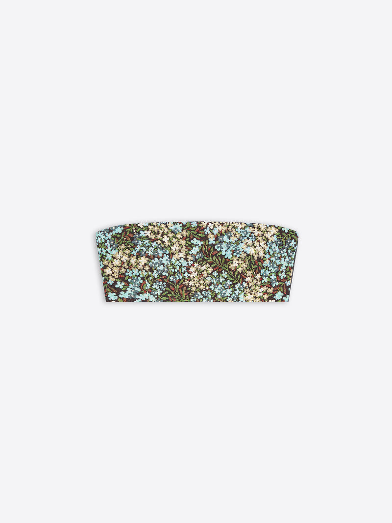 A strapless bandeau-style top featuring an all-over dense floral print in light blue, cream, green, and brown tones, shown flat against a light gray background.