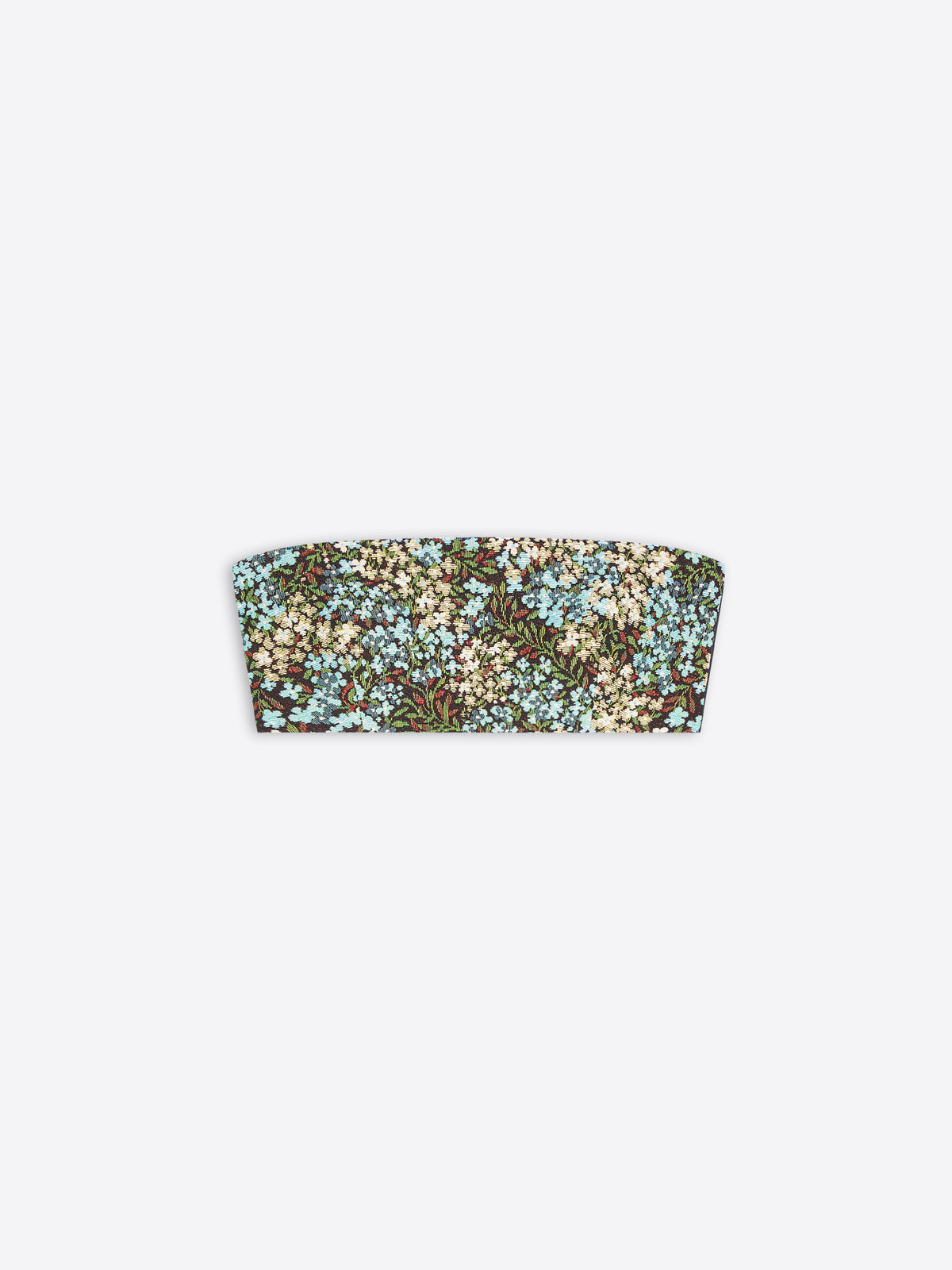 A strapless bandeau-style top featuring an all-over dense floral print in light blue, cream, green, and brown tones, shown flat against a light gray background.