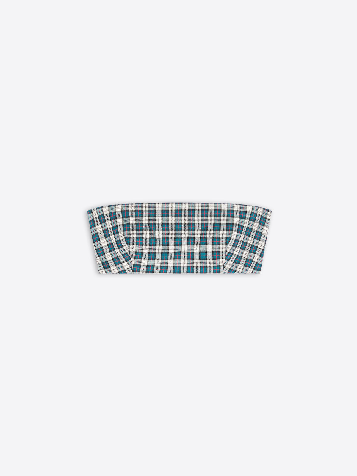 A cropped, strapless top featuring a green and white plaid pattern, displayed flat against a light gray background.