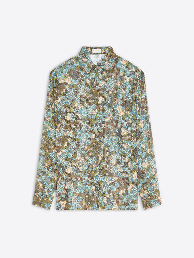A long-sleeve button-up shirt with an all-over dense floral print in muted blue, olive green, brown, and beige tones, displayed flat against a light gray background.