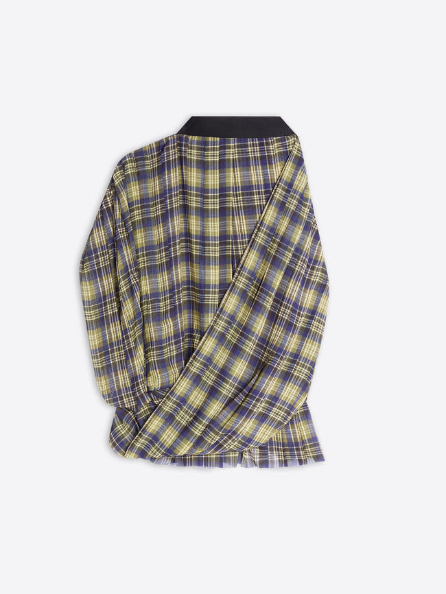A sleeveless checkered halter-style top on a light gray background on a light gray background 