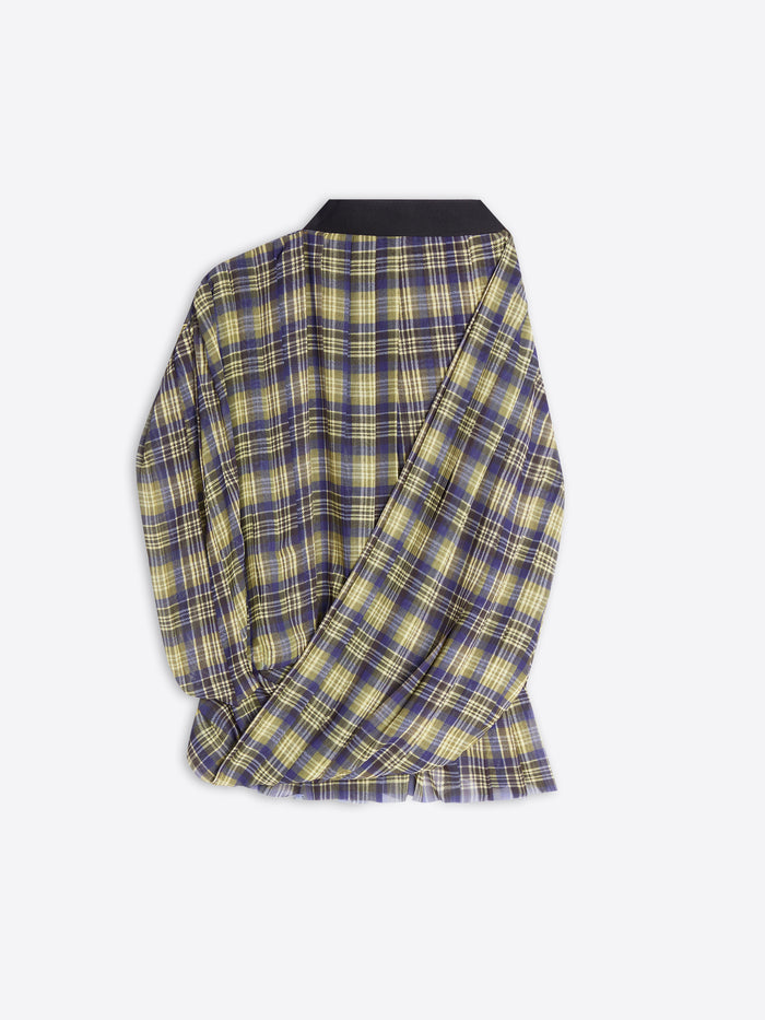 A sleeveless checkered halter-style top on a light gray background on a light gray background 