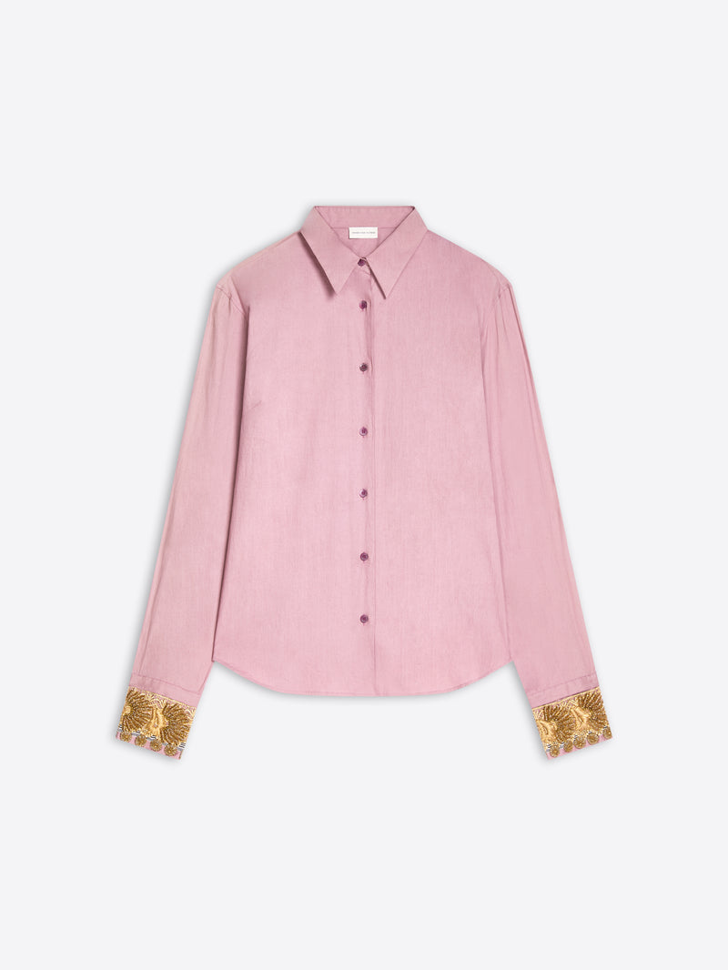 A light pink long-sleeve button-up shirt with gold lace cuff details, displayed flat against a light gray background.