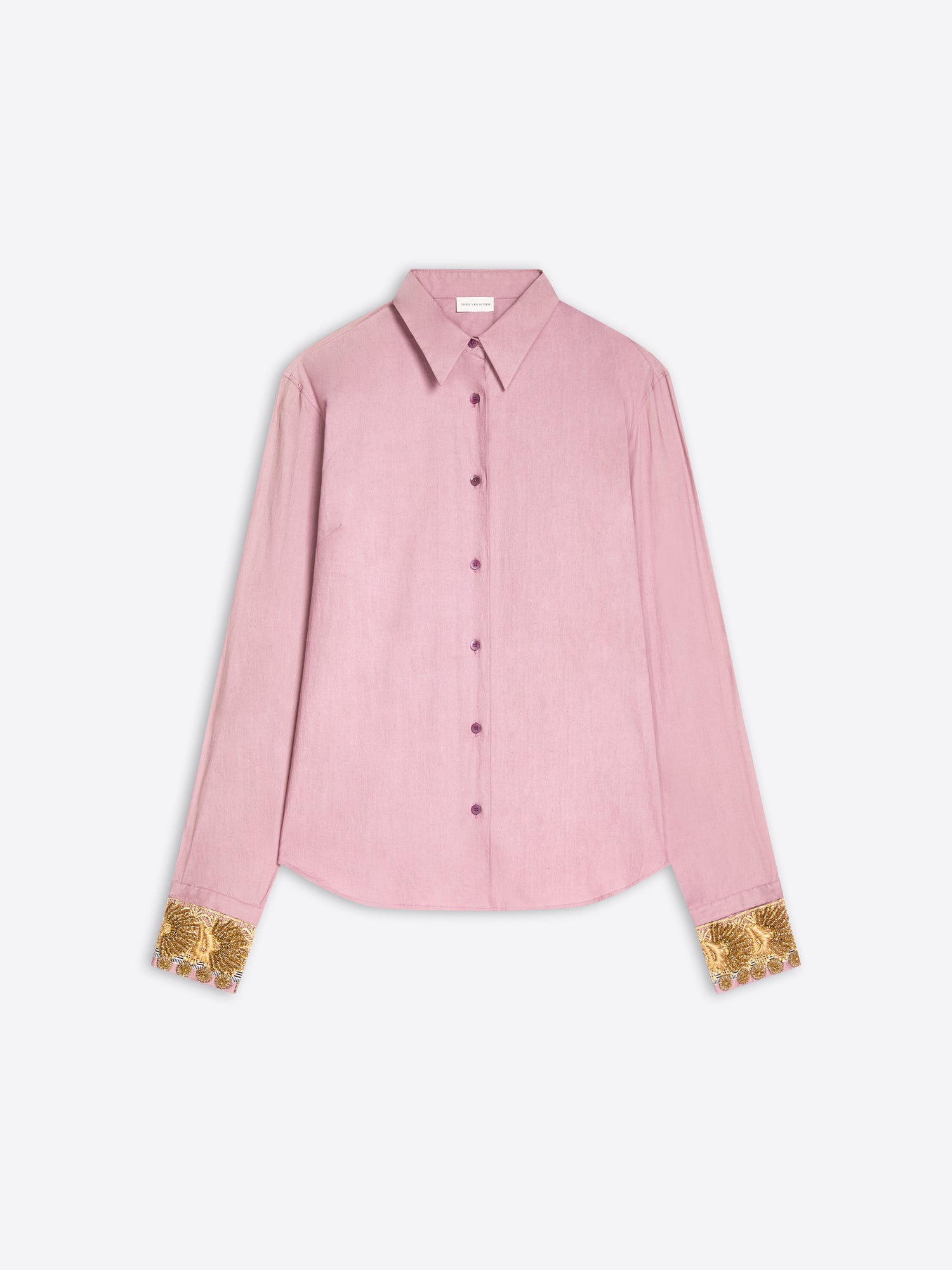 A light pink long-sleeve button-up shirt with gold lace cuff details, displayed flat against a light gray background.