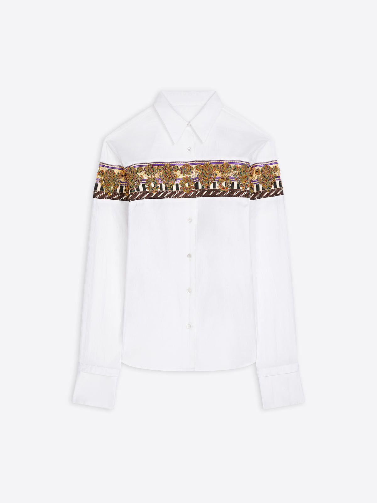 A white long-sleeve shirt with a wide brown patterned band across the chest