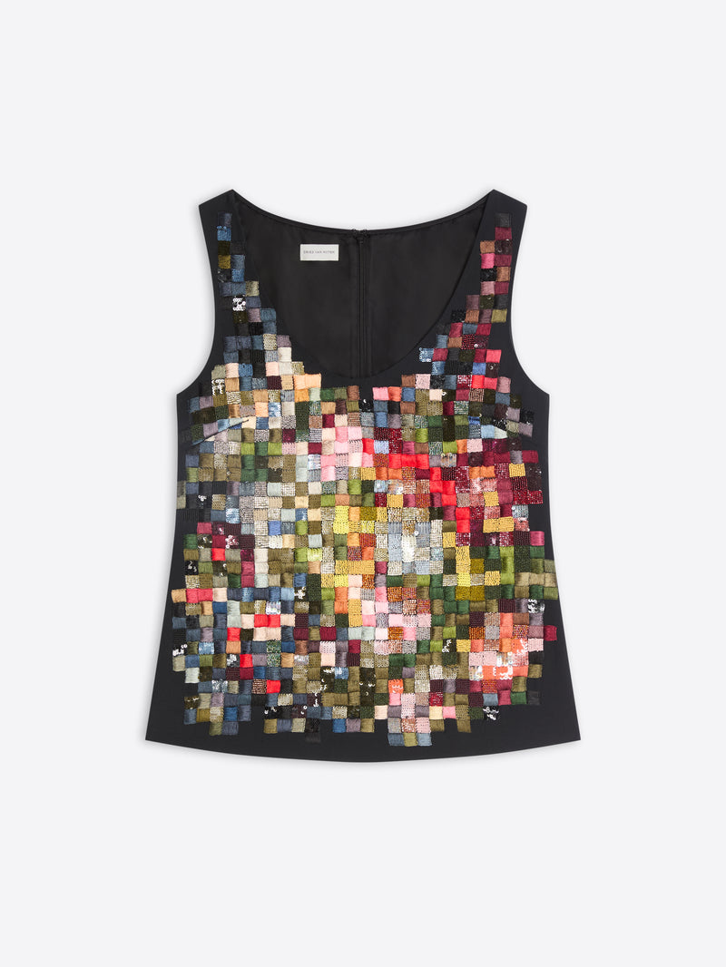 A sleeveless black tank top featuring a large, colorful mosaic patchwork print on the front, displayed flat against a light gray background.