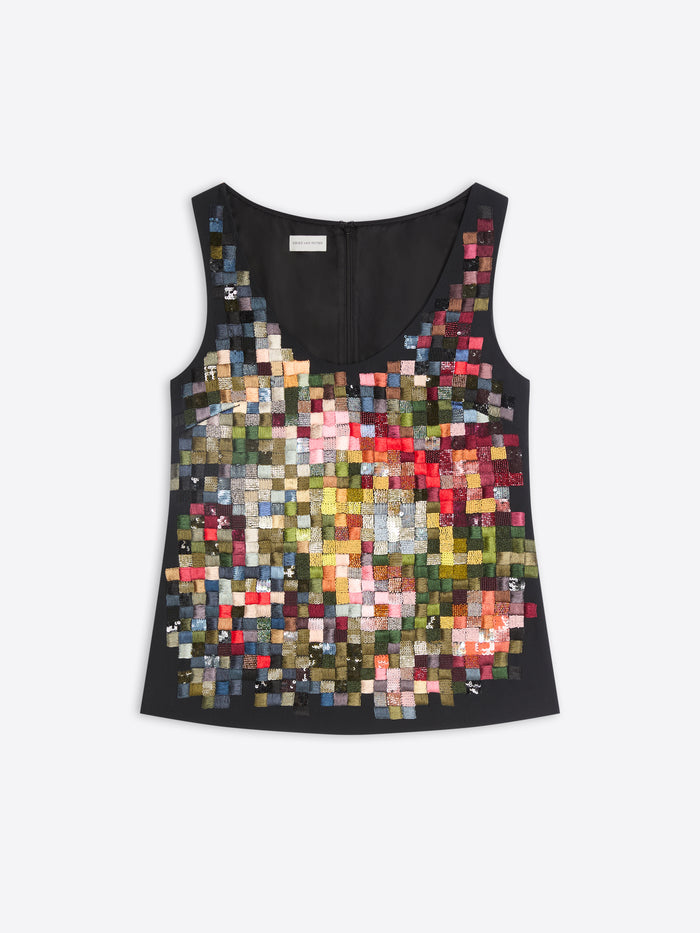 A sleeveless black tank top featuring a large, colorful mosaic patchwork print on the front, displayed flat against a light gray background.