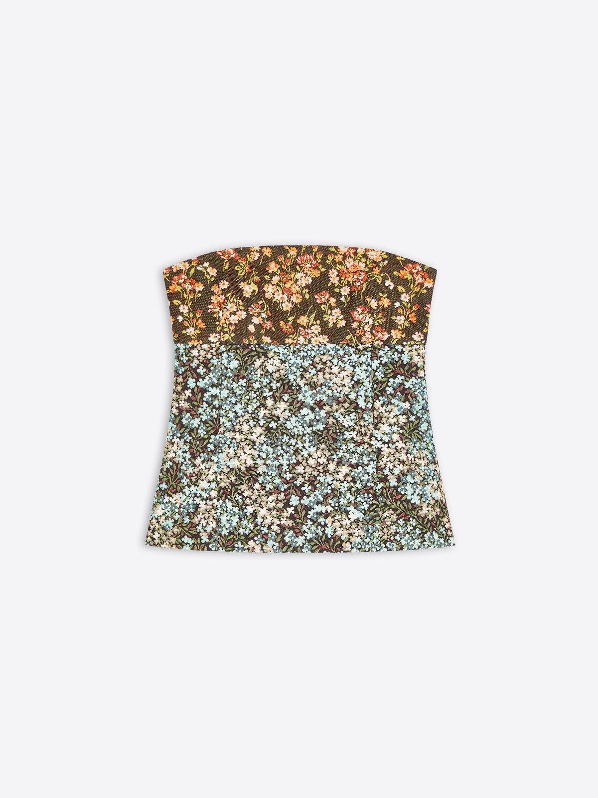 A strapless bandeau top with a split floral pattern, featuring a dark brown top half with orange and cream flowers, and a light blue and cream bottom half, shown on a light gray background.