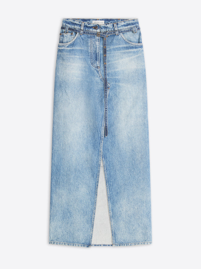 Light blue denim midi skirt with a front slit and raw hem, shown flat against a light gray background.