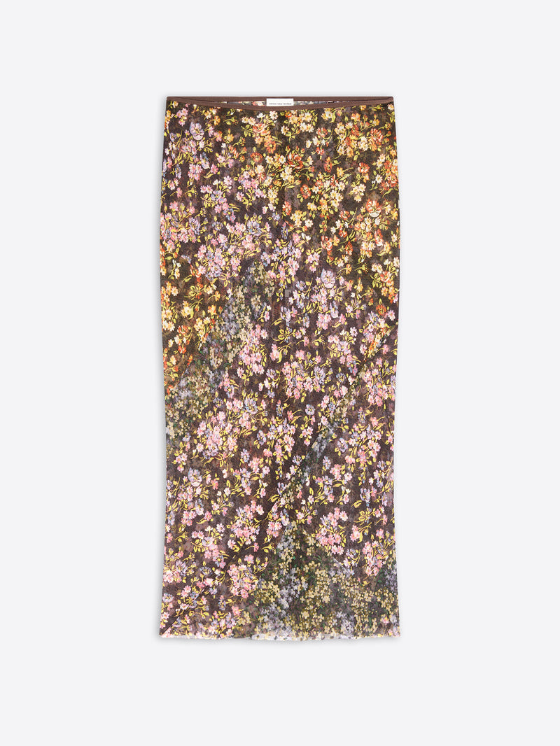 A long floral printed skirt displayed flat against a light gray background