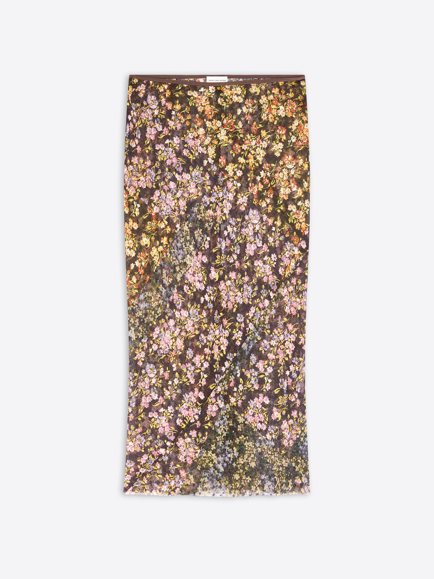 A long floral printed skirt displayed flat against a light gray background