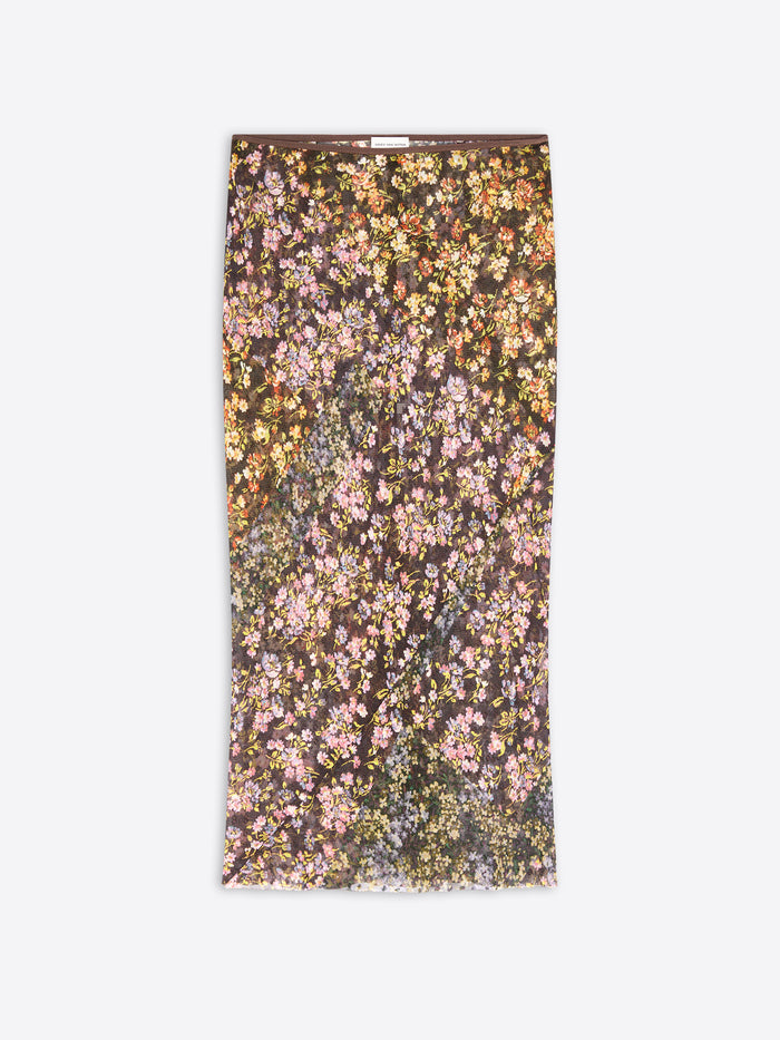 A long floral printed skirt displayed flat against a light gray background