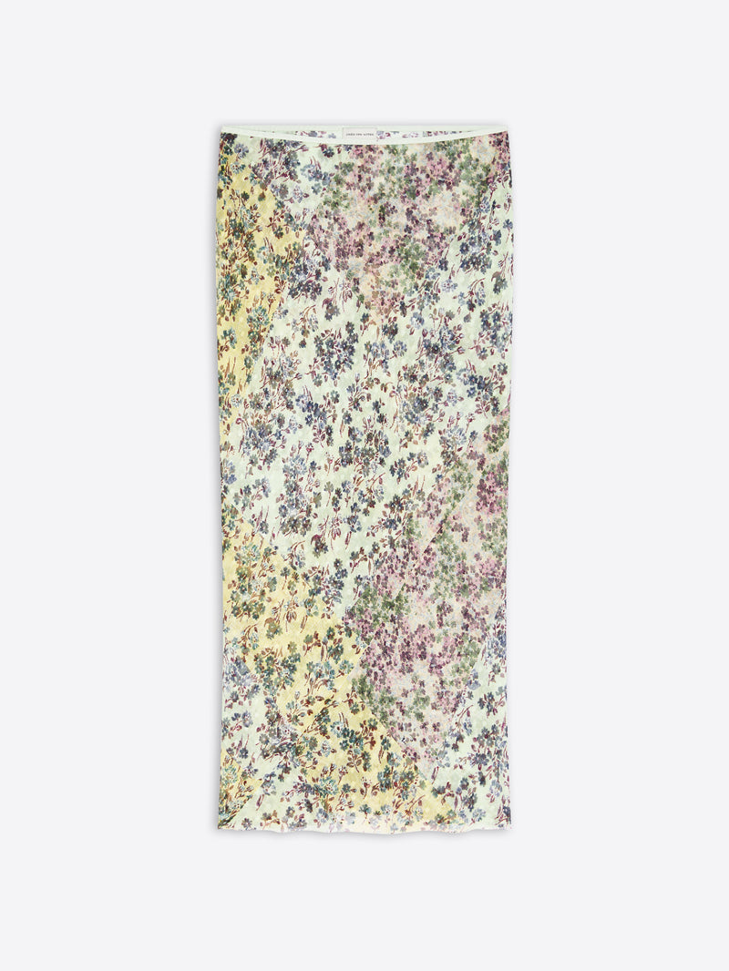 A long floral printed skirt displayed flat against a light gray background