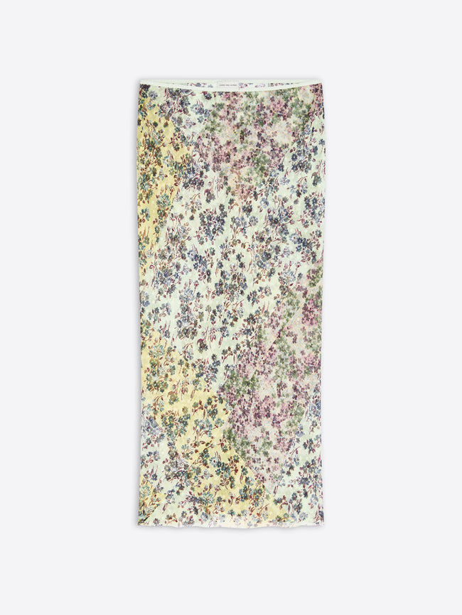 A long floral printed skirt displayed flat against a light gray background